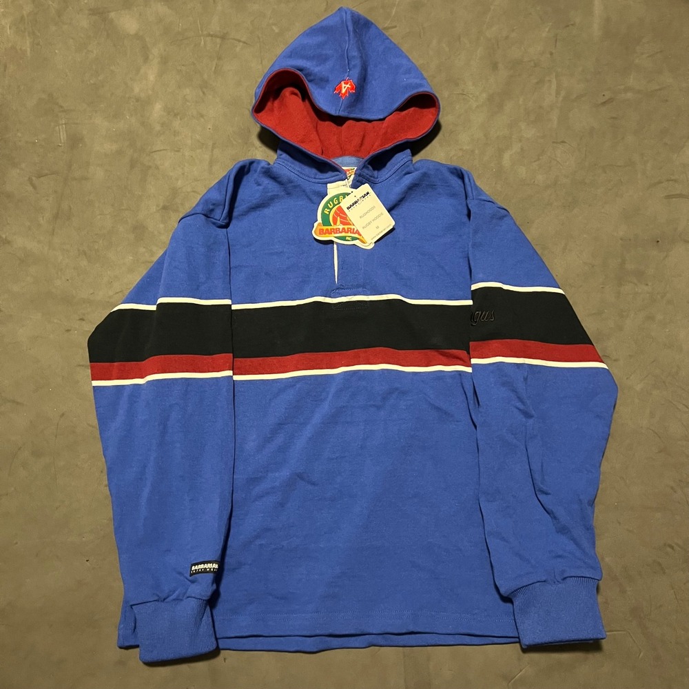 Vintage Barbarian Rugby Hoodie Mens Size M Blue Striped RUGHOOD5 Argus